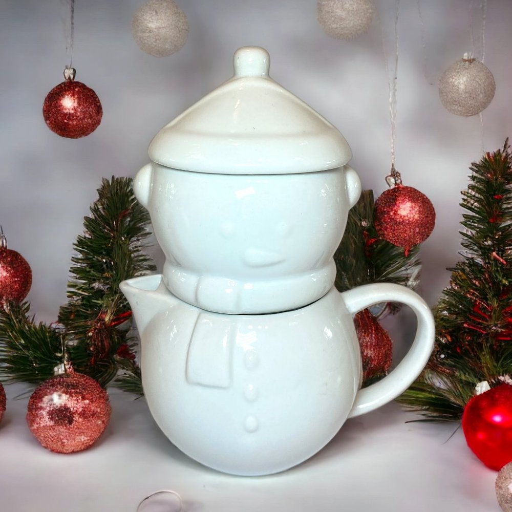 White Ceramic Snowman Stackable Creamer and Sugar Christmas Table Tea Coffee